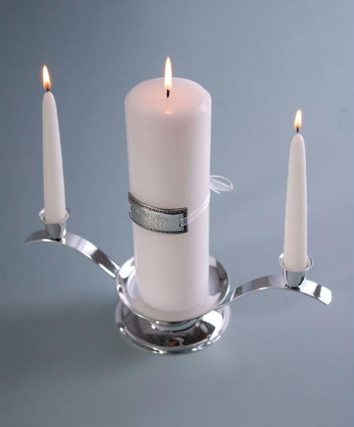 White Premier Engraved Medallion Unity Candle Set with Silver Stand