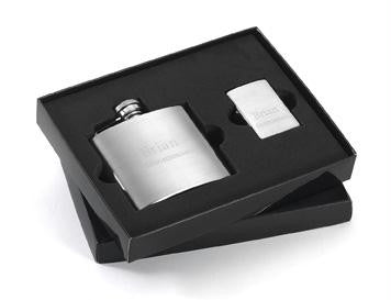 Personalized Brushed Flask and Zippo Lighter Gift Set