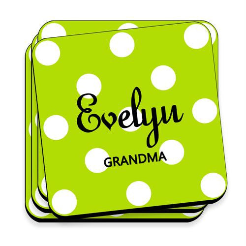 Green Apple Personalized Polka Dot Coaster Set