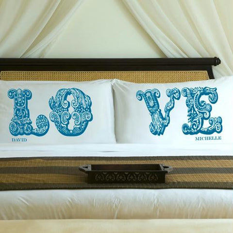 Personalized Blissful Blue LOVE Connection Pillow Case Set