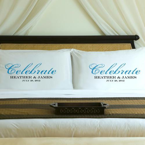 Personalized Topaz Blue Celebrate Couples Pillow Case Set